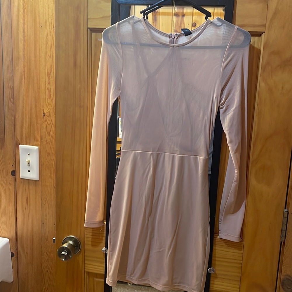 Tan /beige long sleeve dress , brand new . See thru but not see through.